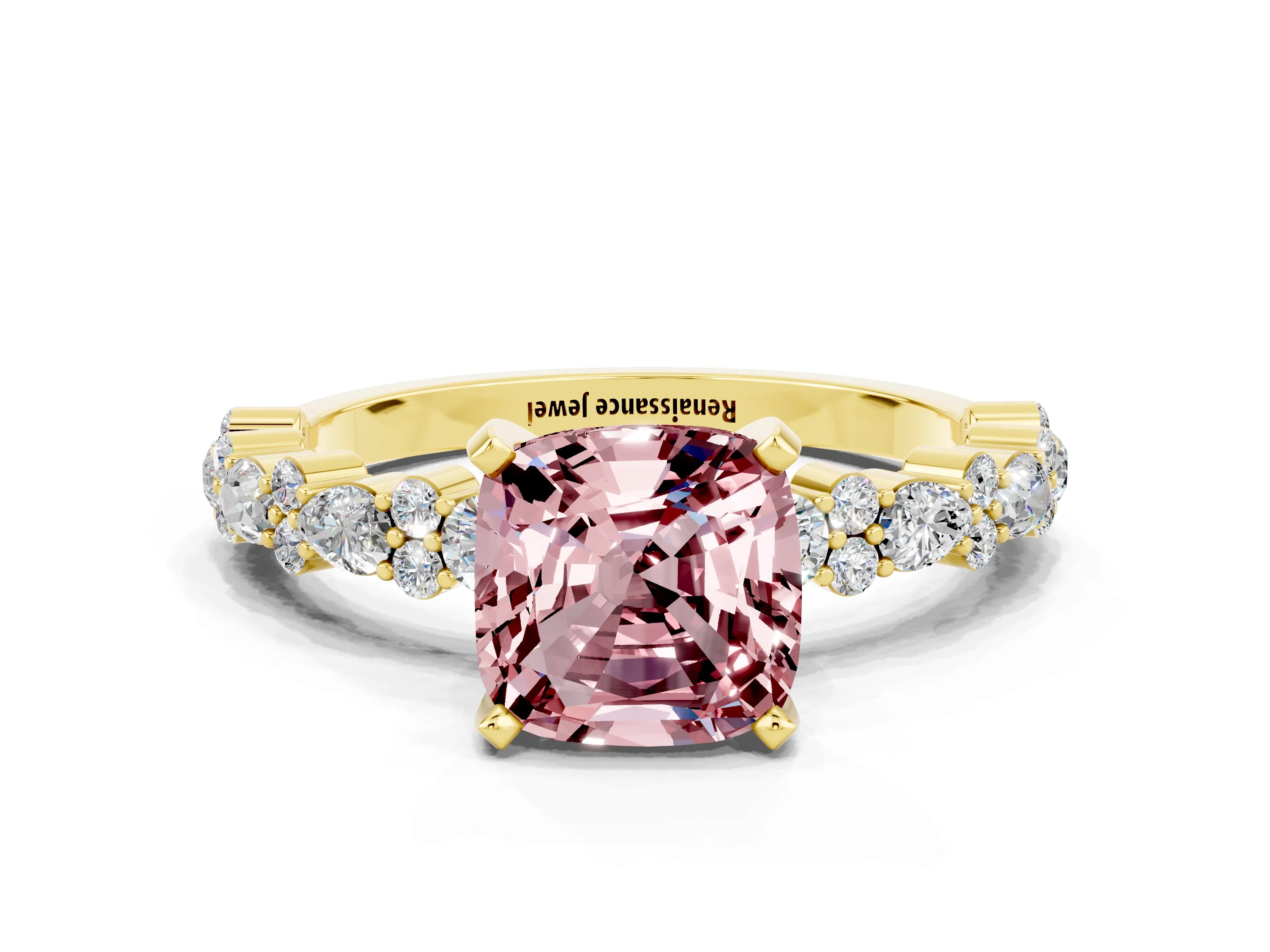 Yellow gold Cushion Cut Morganite Solitaire with Side Stones, Pave Band, Four-Prong Setting_36