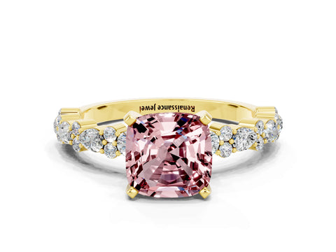 Yellow gold Cushion Cut Morganite Solitaire with Side Stones, Pave Band, Four-Prong Setting_36