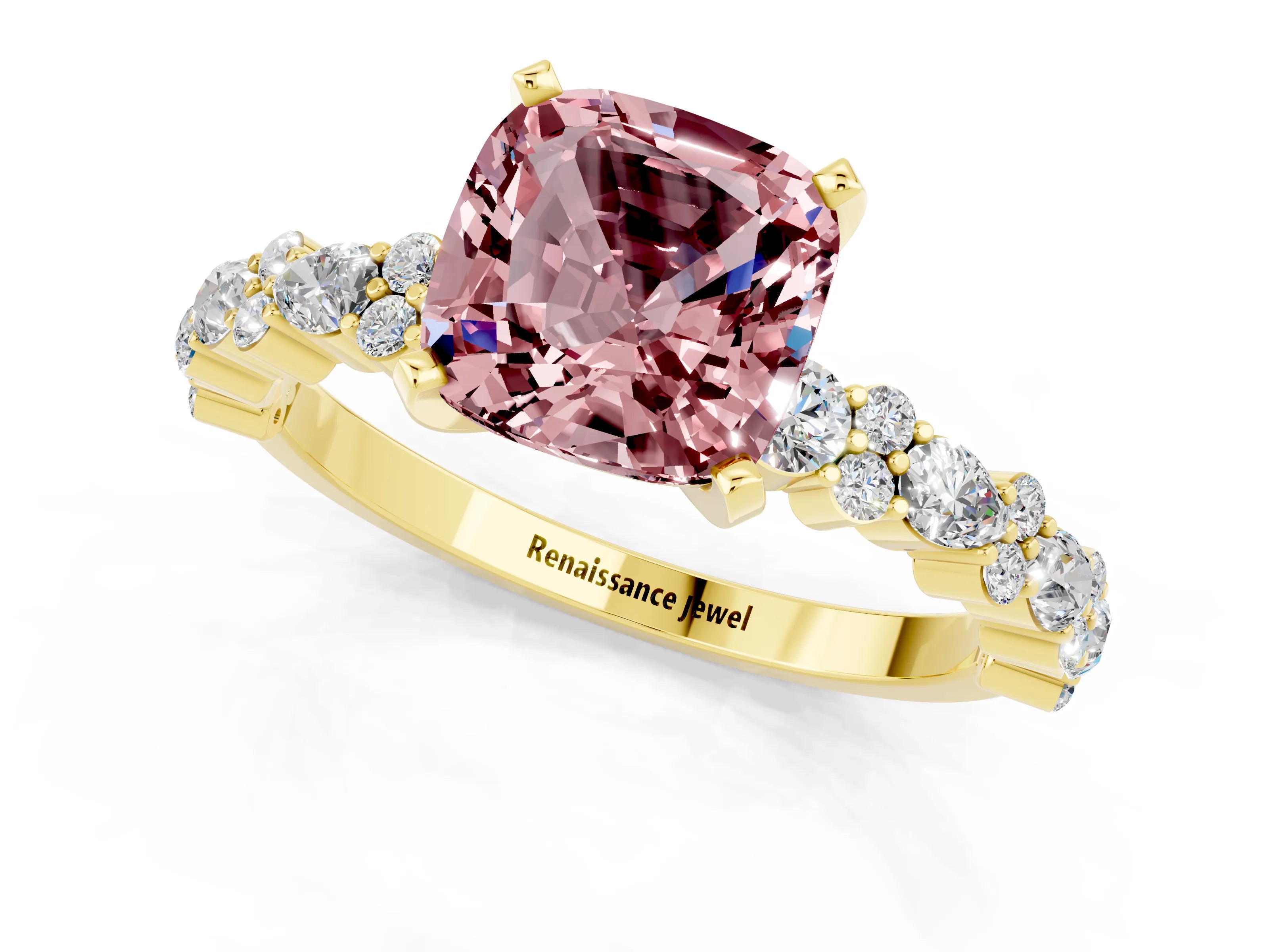 Yellow gold Cushion Cut Morganite Solitaire with Side Stones, Pave Band, Four-Prong Setting_37