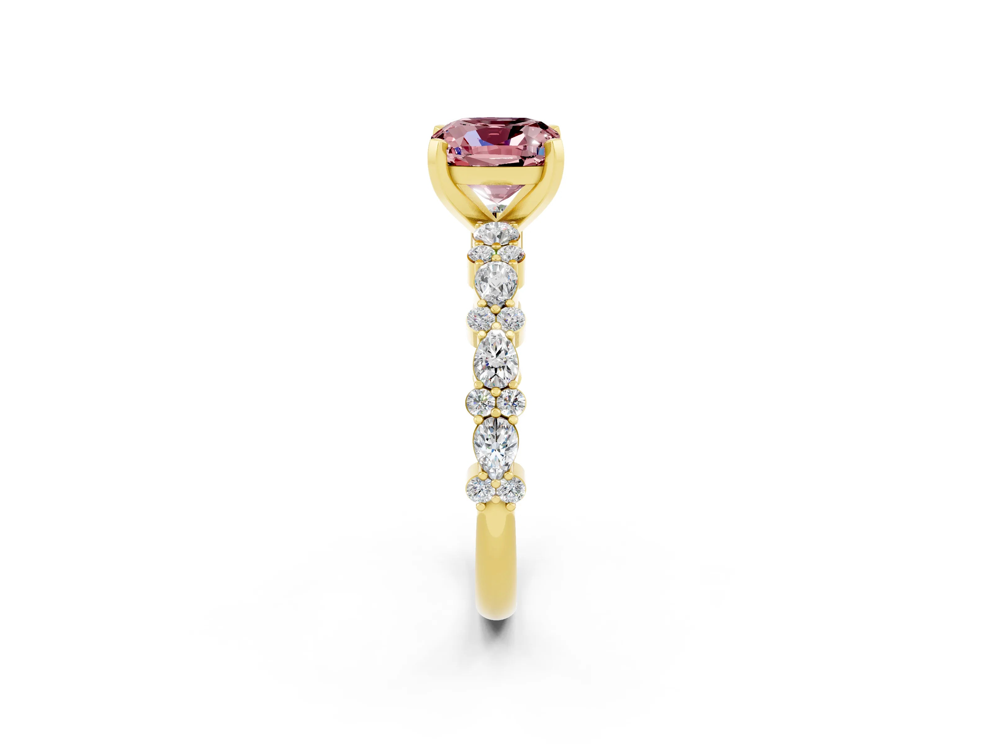 Yellow gold Cushion Cut Morganite Solitaire with Side Stones, Pave Band, Four-Prong Setting_38
