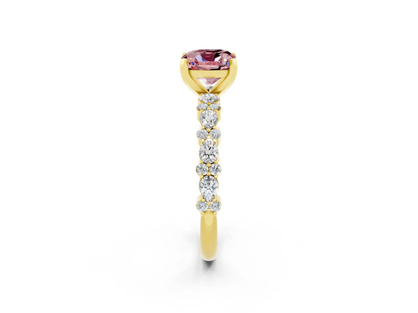 Yellow gold Cushion Cut Morganite Side Stone Solitaire Ring with Round  and Four-Prong Setting