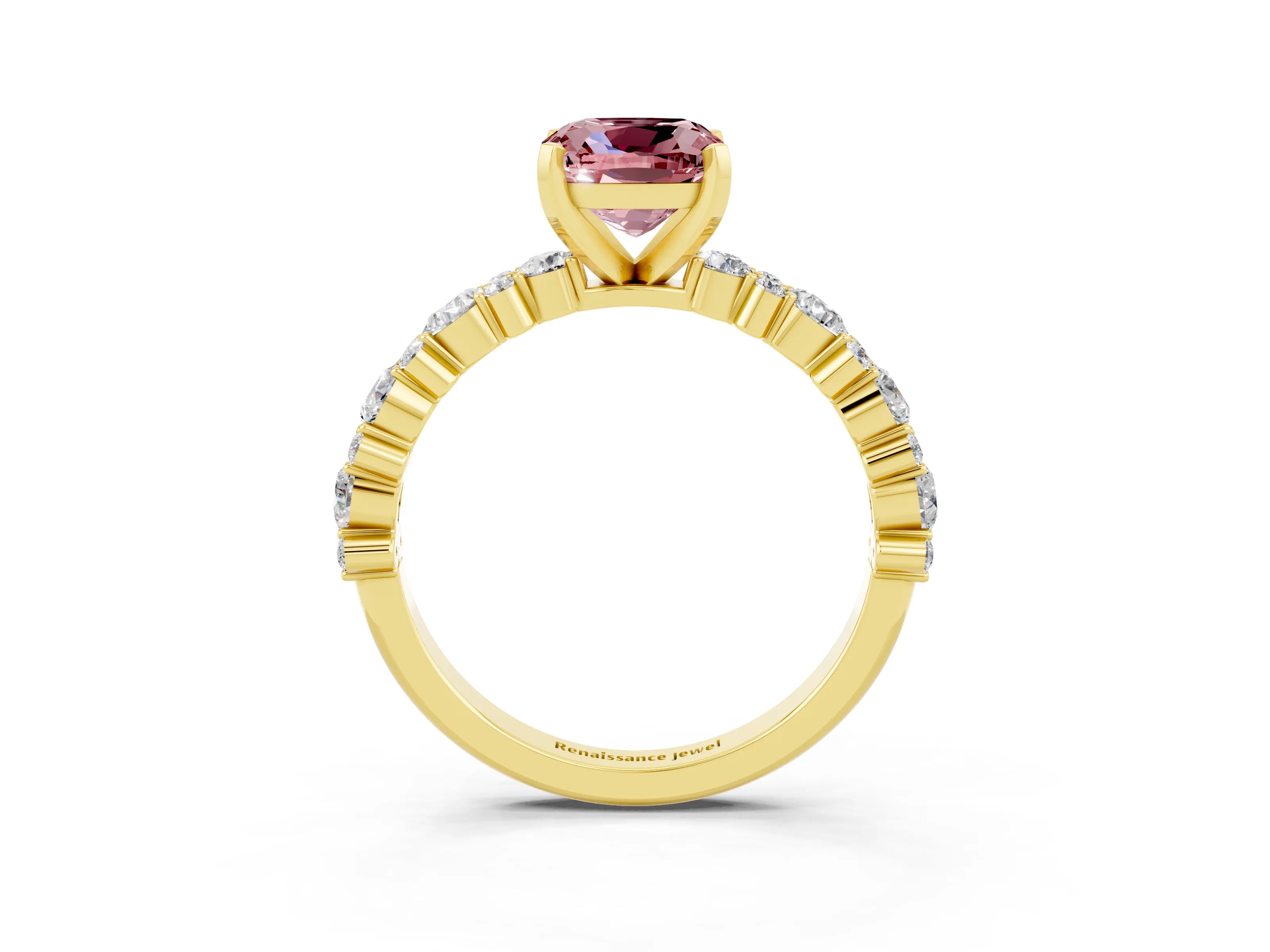 Yellow gold Cushion Cut Morganite Solitaire with Side Stones, Pave Band, Four-Prong Setting_39