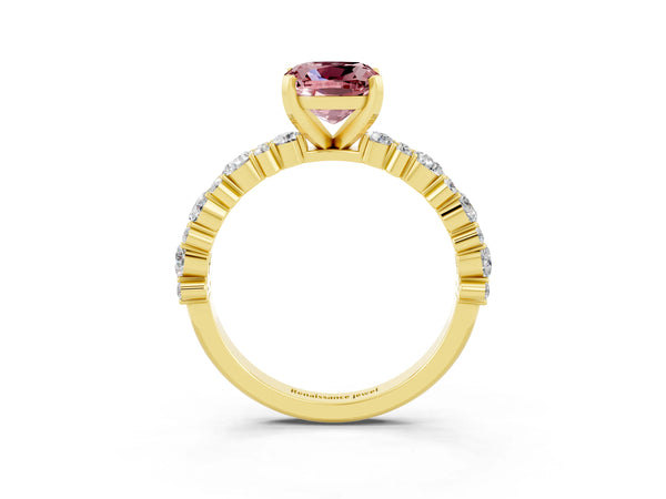 Yellow gold Cushion Cut Morganite Side Stone Solitaire Ring with Round  and Four-Prong Setting