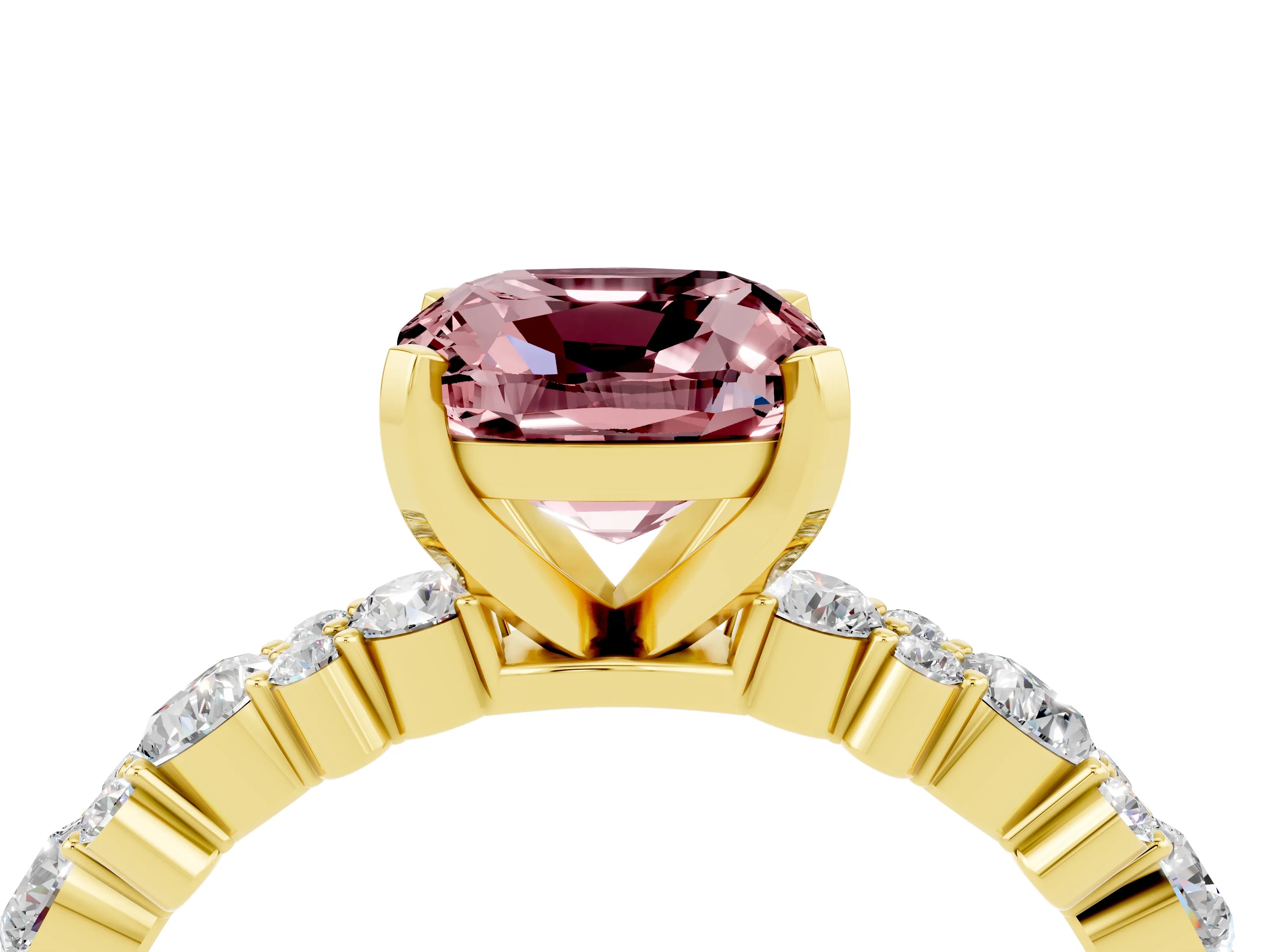 Yellow gold Cushion Cut Morganite Solitaire with Side Stones, Pave Band, Four-Prong Setting_40
