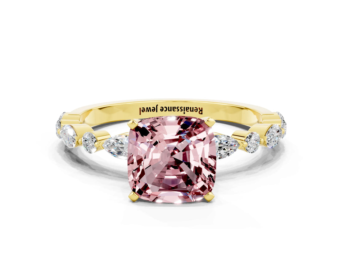 Yellow gold Cushion Cut Morganite Solitaire with Side Stones on a Pavé Band and Four-Prong Setting