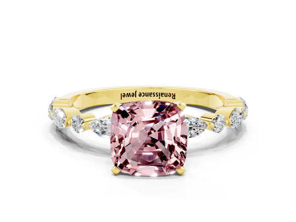 Yellow gold Cushion Cut Morganite Ring with Marquise and Round  Side Stones and Four-Prong Setting