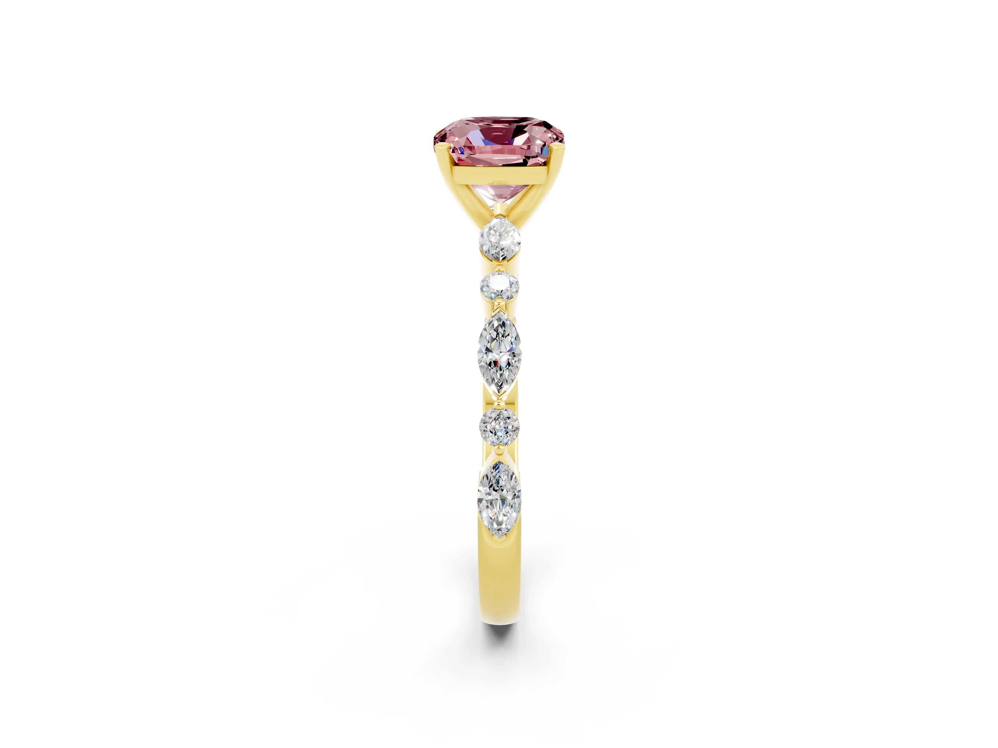Yellow gold Cushion Cut Morganite Solitaire with Side Stones on a Pavé Band and Four-Prong Setting_2