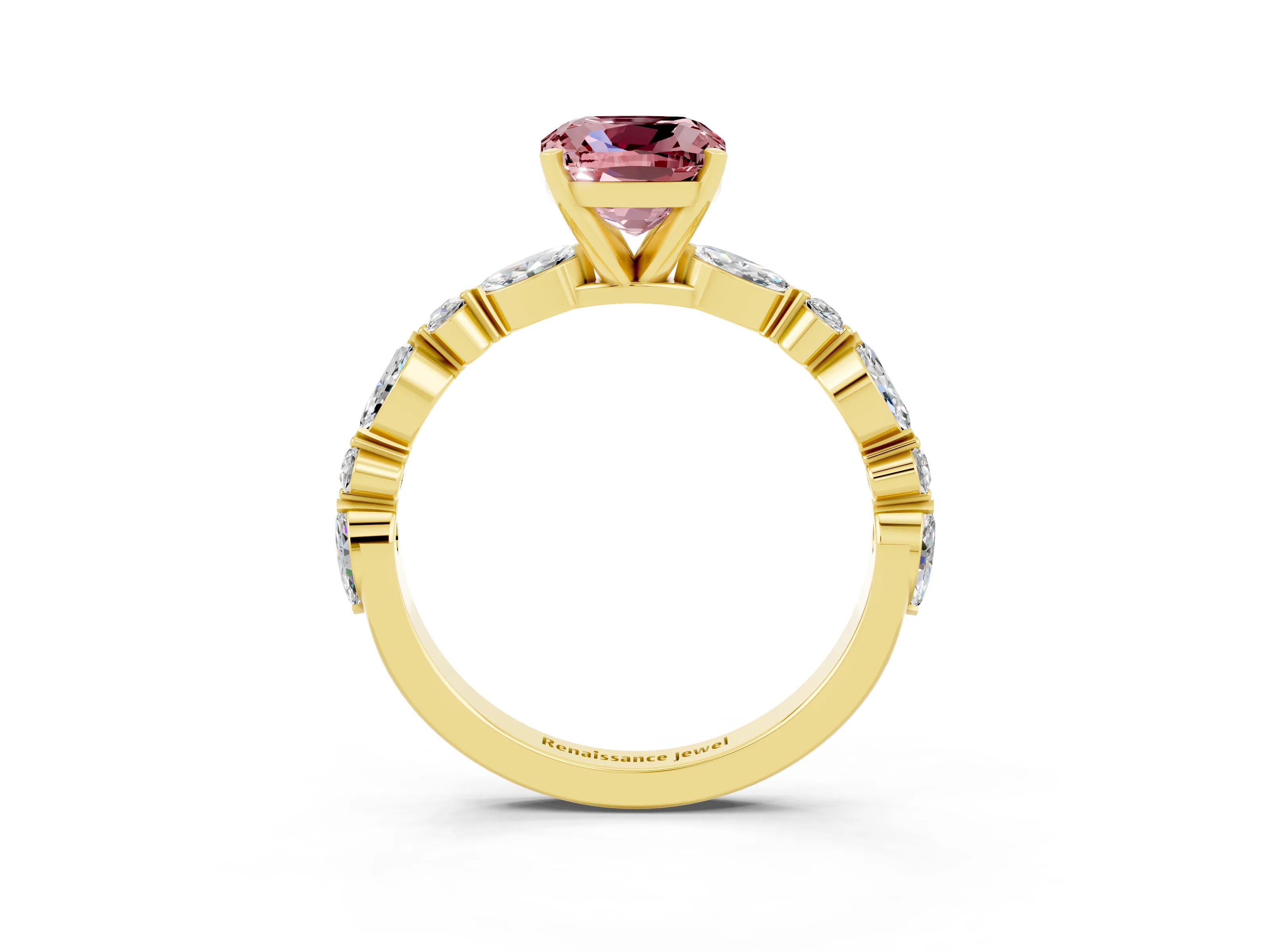 Yellow gold Cushion Cut Morganite Solitaire with Side Stones on a Pavé Band and Four-Prong Setting_3