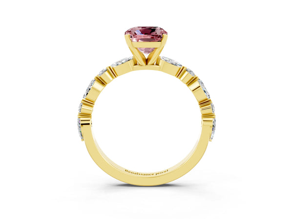 Yellow gold Cushion Cut Morganite Ring with Marquise and Round  Side Stones and Four-Prong Setting