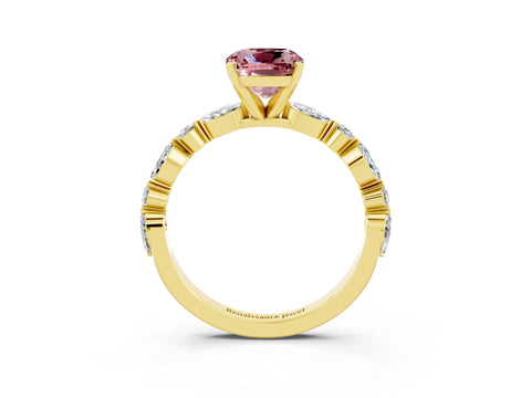 Yellow gold Cushion Cut Morganite Solitaire with Side Stones on a Pavé Band and Four-Prong Setting_3
