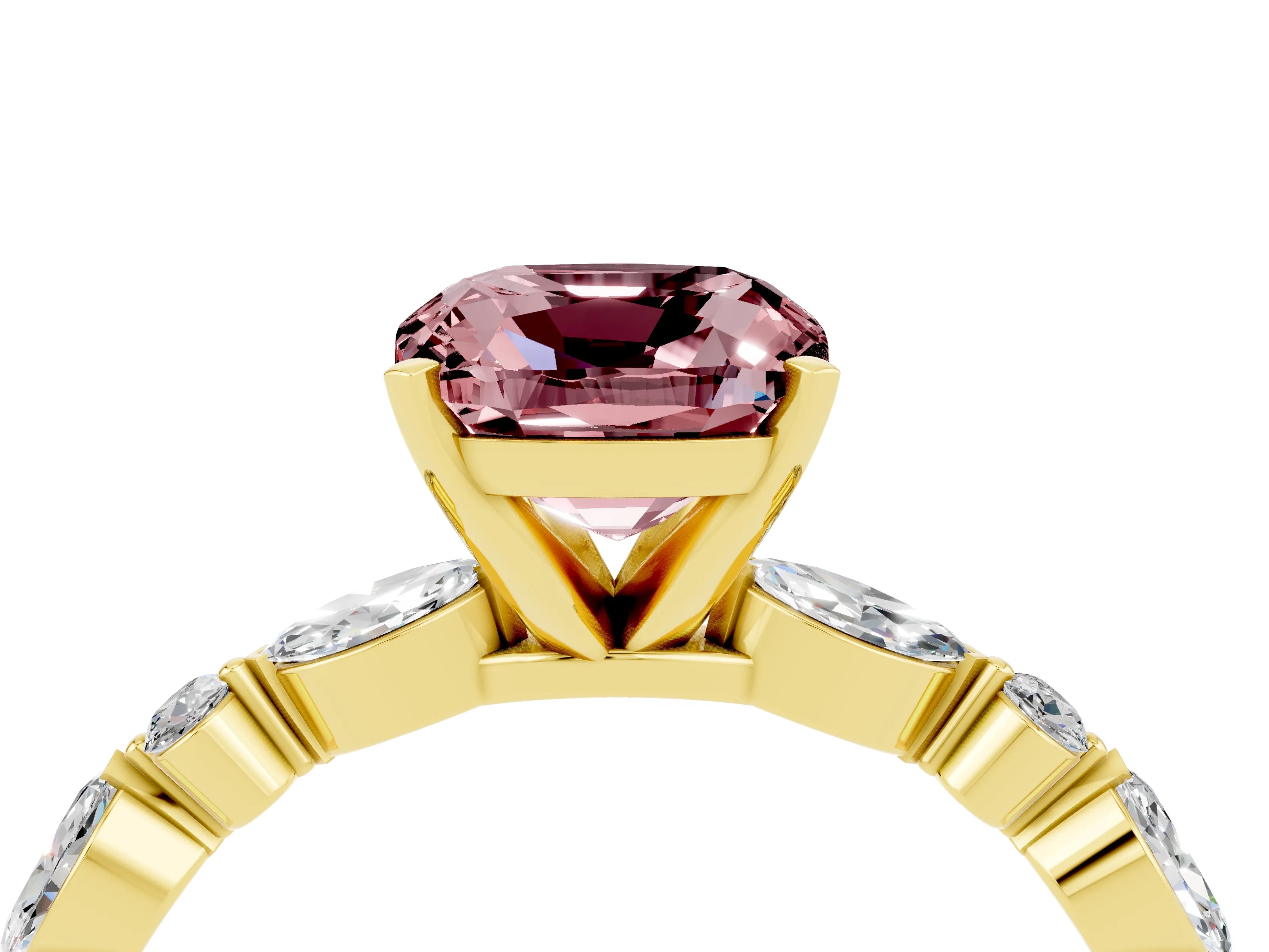 Yellow gold Cushion Cut Morganite Solitaire with Side Stones on a Pavé Band and Four-Prong Setting_4