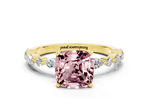 Yellow gold Cushion Cut Morganite Solitaire with Side Stones on a Pavé Band and Four-Prong Setting