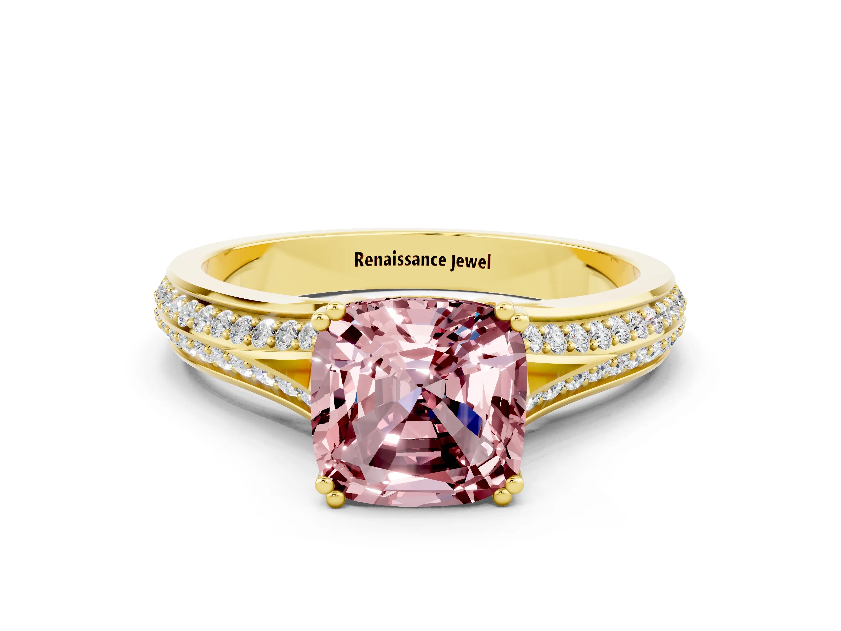 Yellow gold Cushion Cut Morganite Split Shank Engagement Ring with Pavé Band