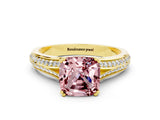 Yellow gold Cushion Cut Morganite Split Shank Engagement Ring with Pavé Band