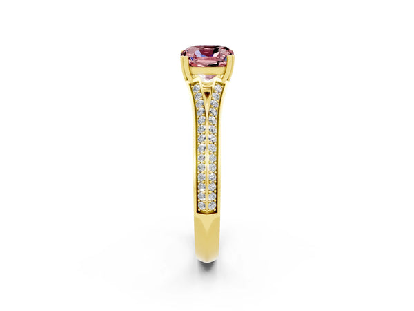 Yellow gold Cushion Cut Morganite Split Shank Engagement Ring with Pavé Band