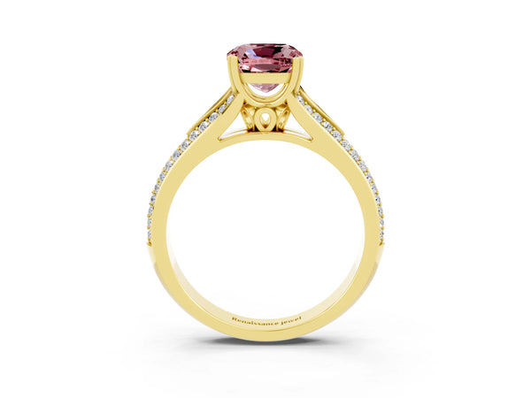 Yellow gold Cushion Cut Morganite Split Shank Engagement Ring with Pavé Band