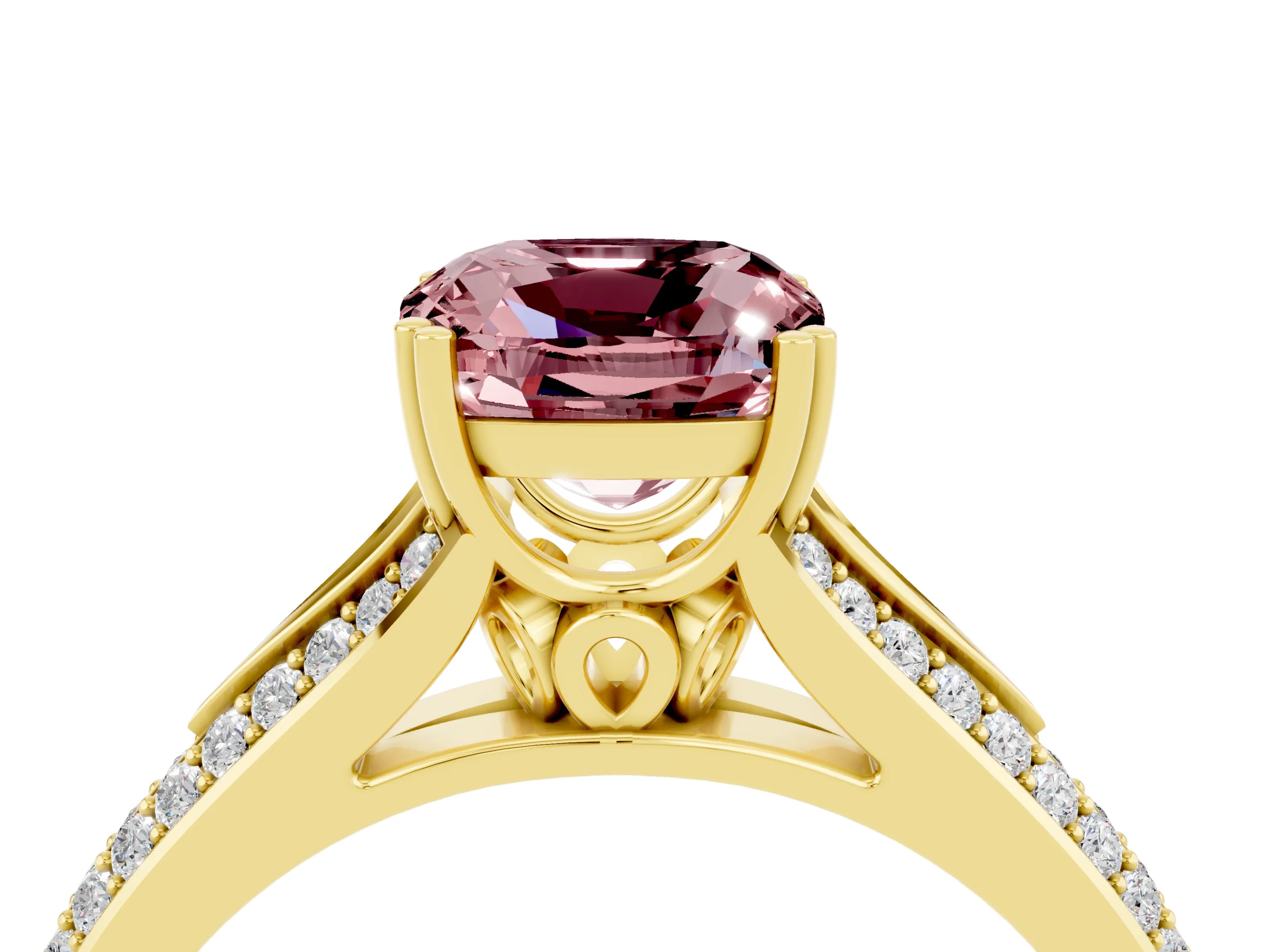 Yellow gold Cushion Cut Morganite Split Shank Engagement Ring with Pavé Band_4