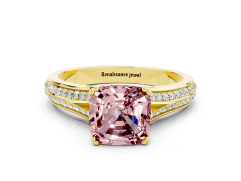 Yellow gold Cushion Cut Morganite Split Shank Engagement Ring with Pavé Band