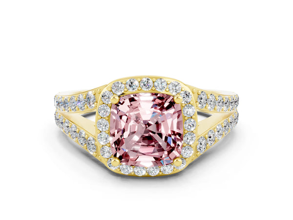 Yellow gold Cushion Cut Morganite Split Shank Halo Ring with Four-Prong Setting