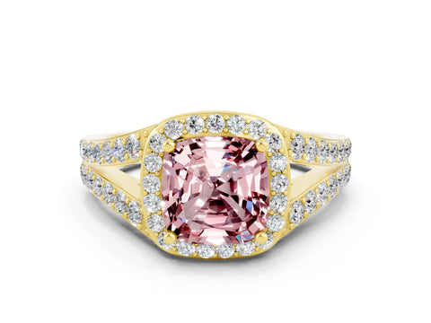 Yellow gold Cushion Cut Morganite Split Shank Halo Ring with Four-Prong Setting_12