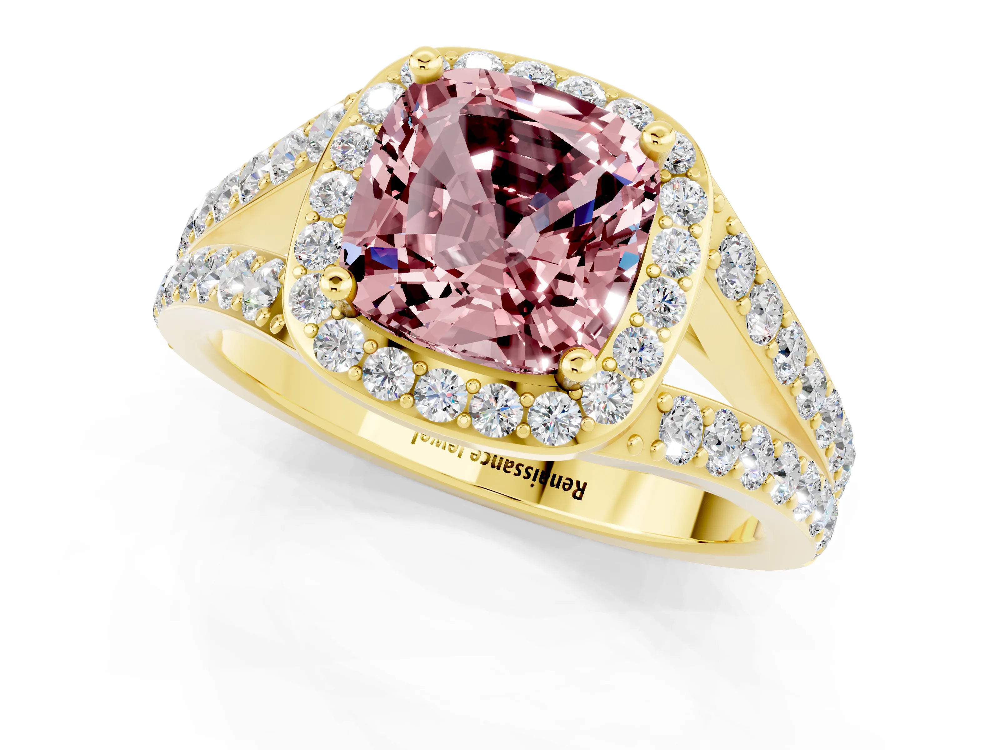 Yellow gold Cushion Cut Morganite Split Shank Halo Ring with Four-Prong Setting_13