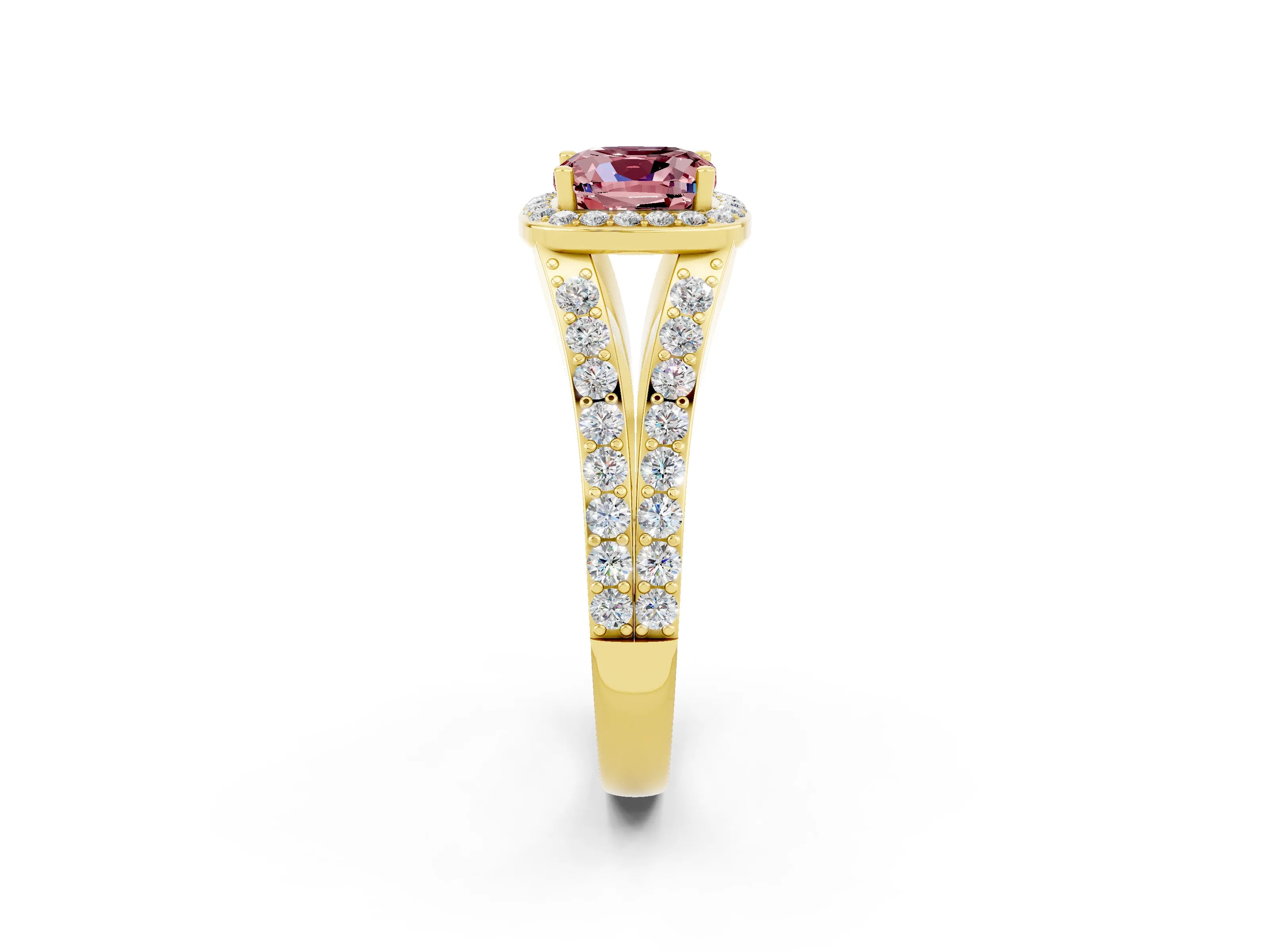 Yellow gold Cushion Cut Morganite Split Shank Halo Ring with Four-Prong Setting_14