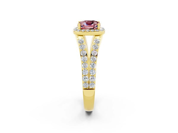 Yellow gold Cushion Cut Morganite Split Shank Halo Ring with Four-Prong Setting
