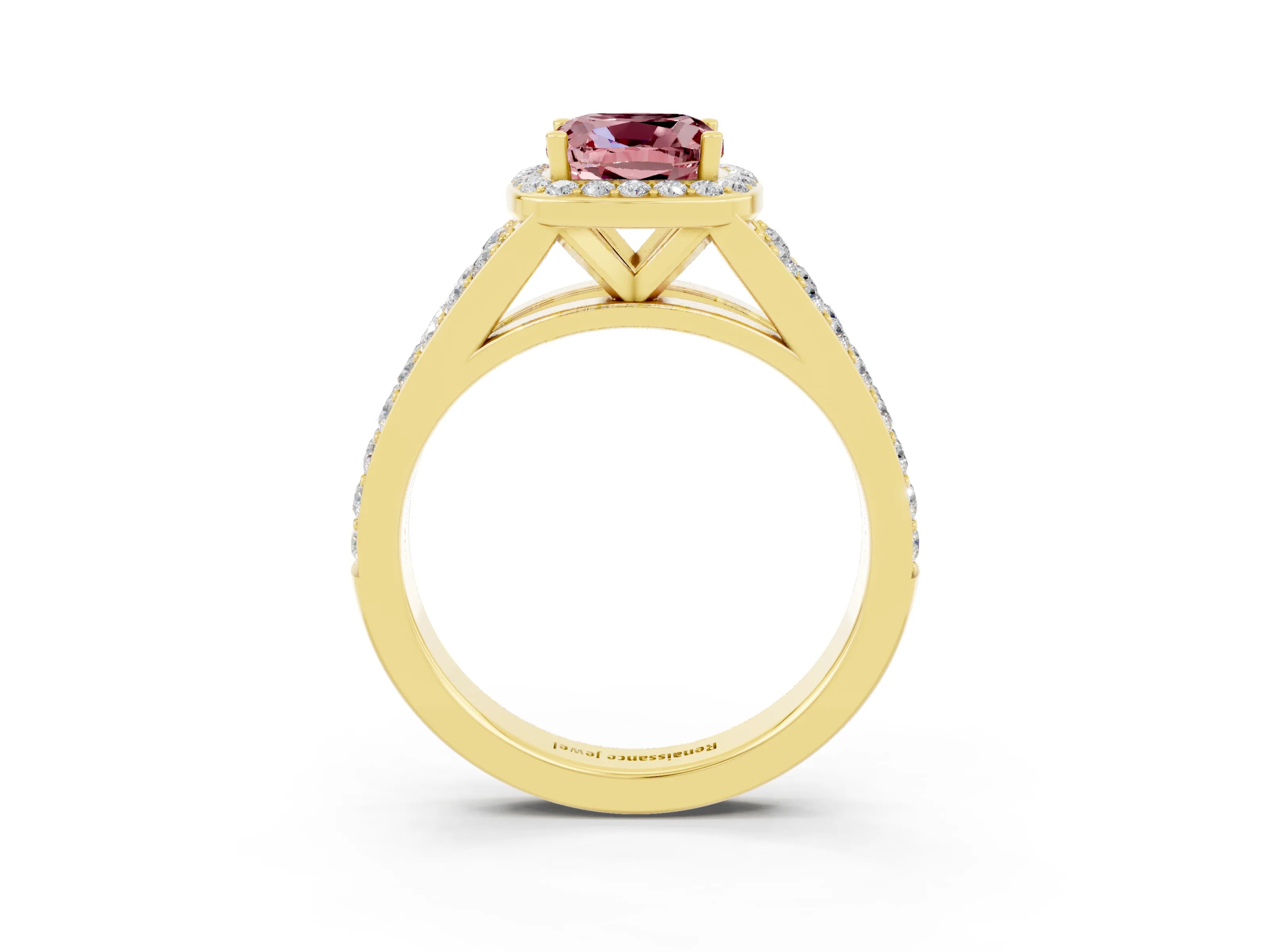 Yellow gold Cushion Cut Morganite Split Shank Halo Ring with Four-Prong Setting_15