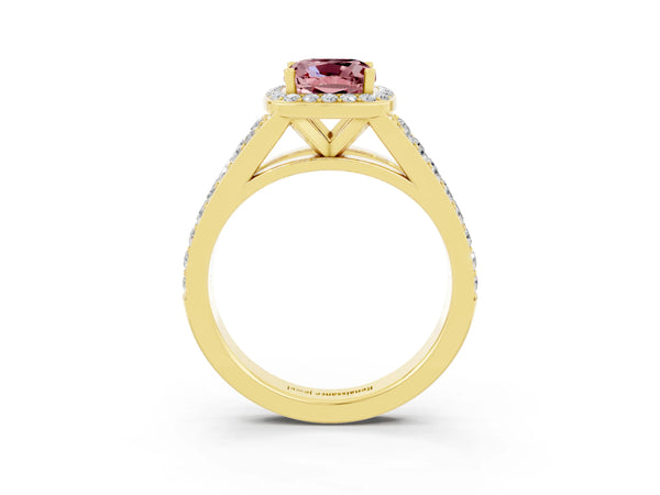 Yellow gold Cushion Cut Morganite Split Shank Halo Ring with Four-Prong Setting