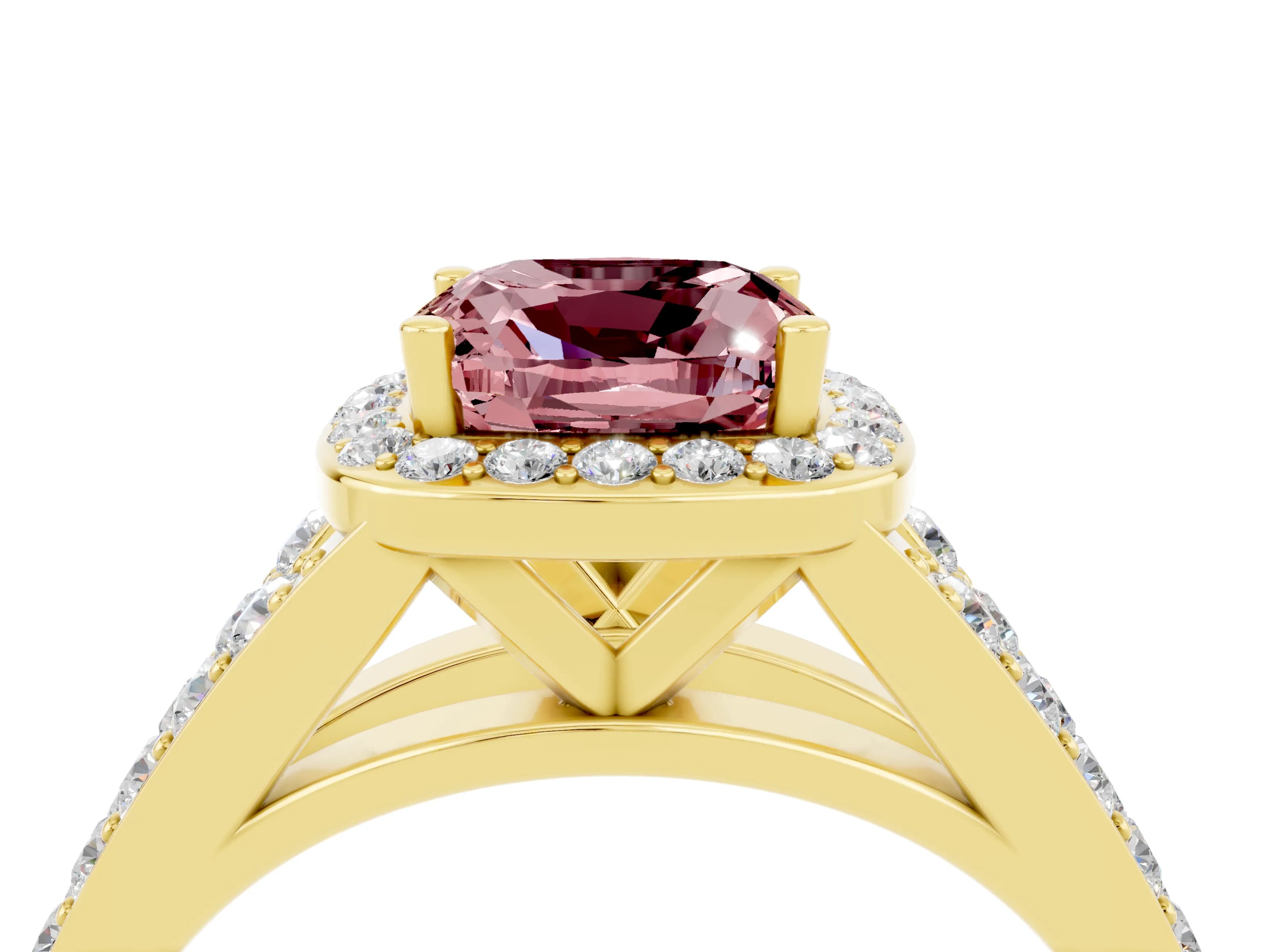 Yellow gold Cushion Cut Morganite Split Shank Halo Ring with Four-Prong Setting_16