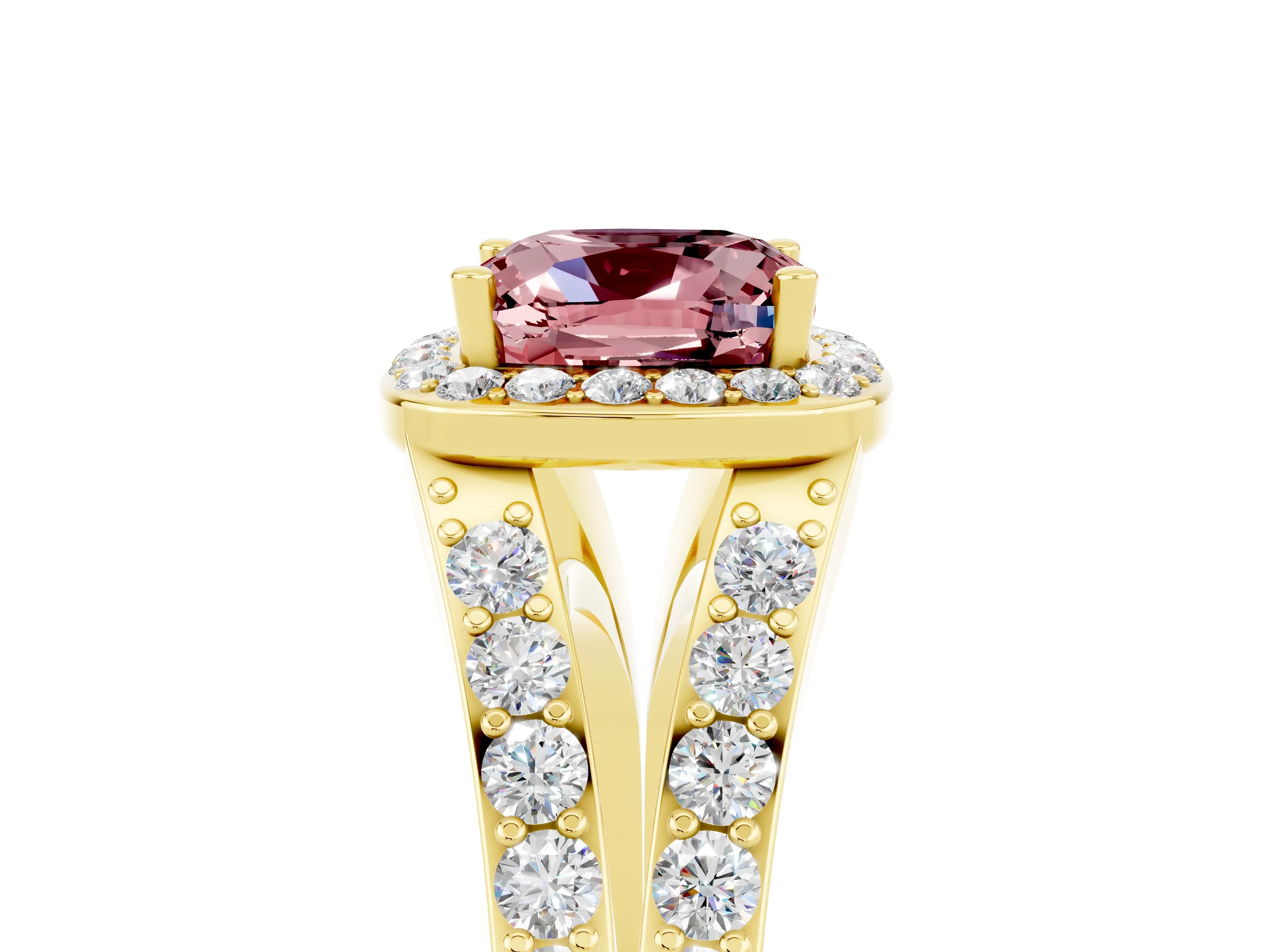 Yellow gold Cushion Cut Morganite Split Shank Halo Ring with Four-Prong Setting_17