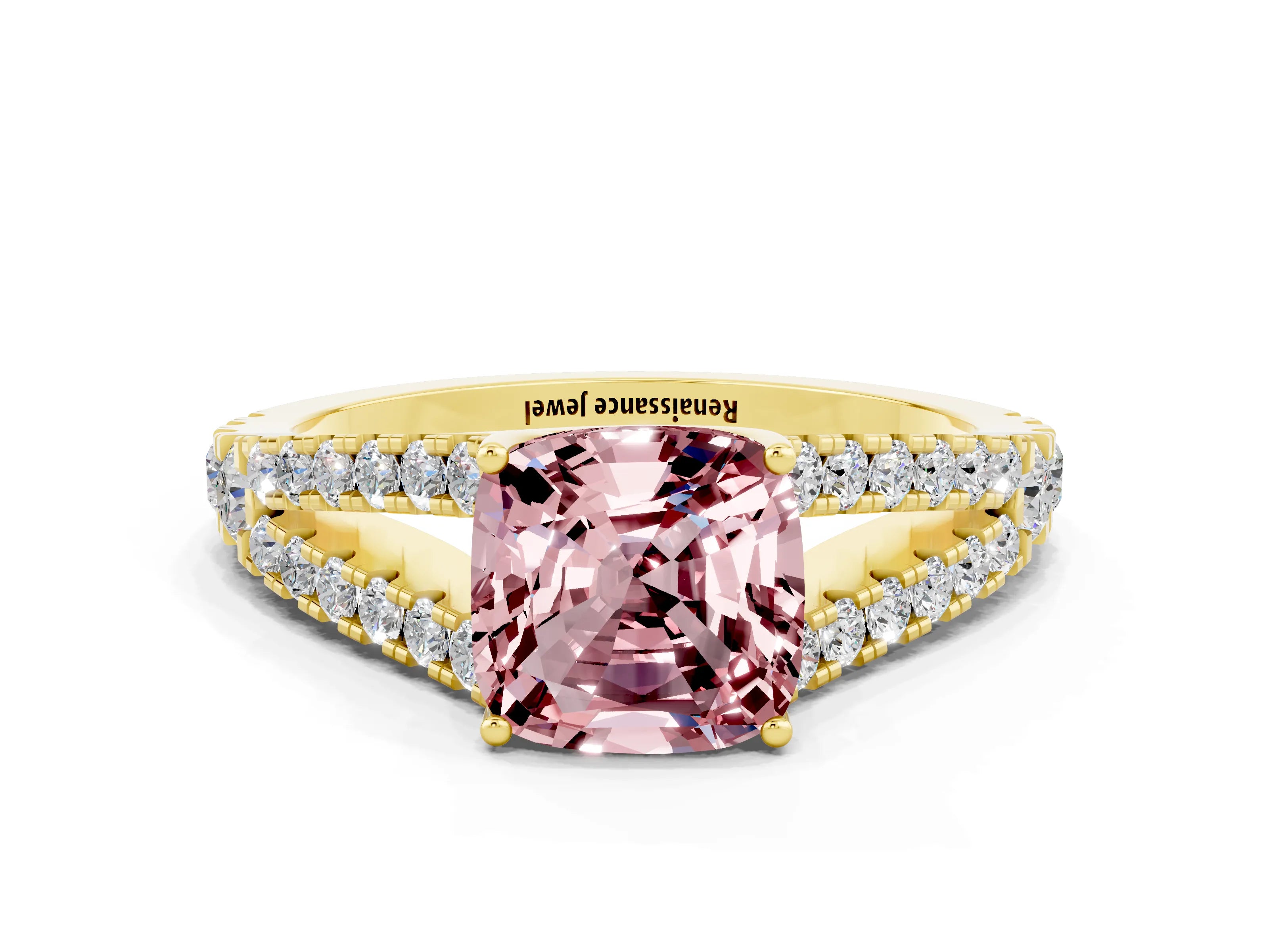 Yellow gold Cushion Cut Morganite Split Shank Pavé Engagement Ring with Four-Prong Setting_12
