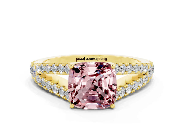 Yellow gold Cushion Cut Morganite Split Shank Pavé Engagement Ring with Four-Prong Setting