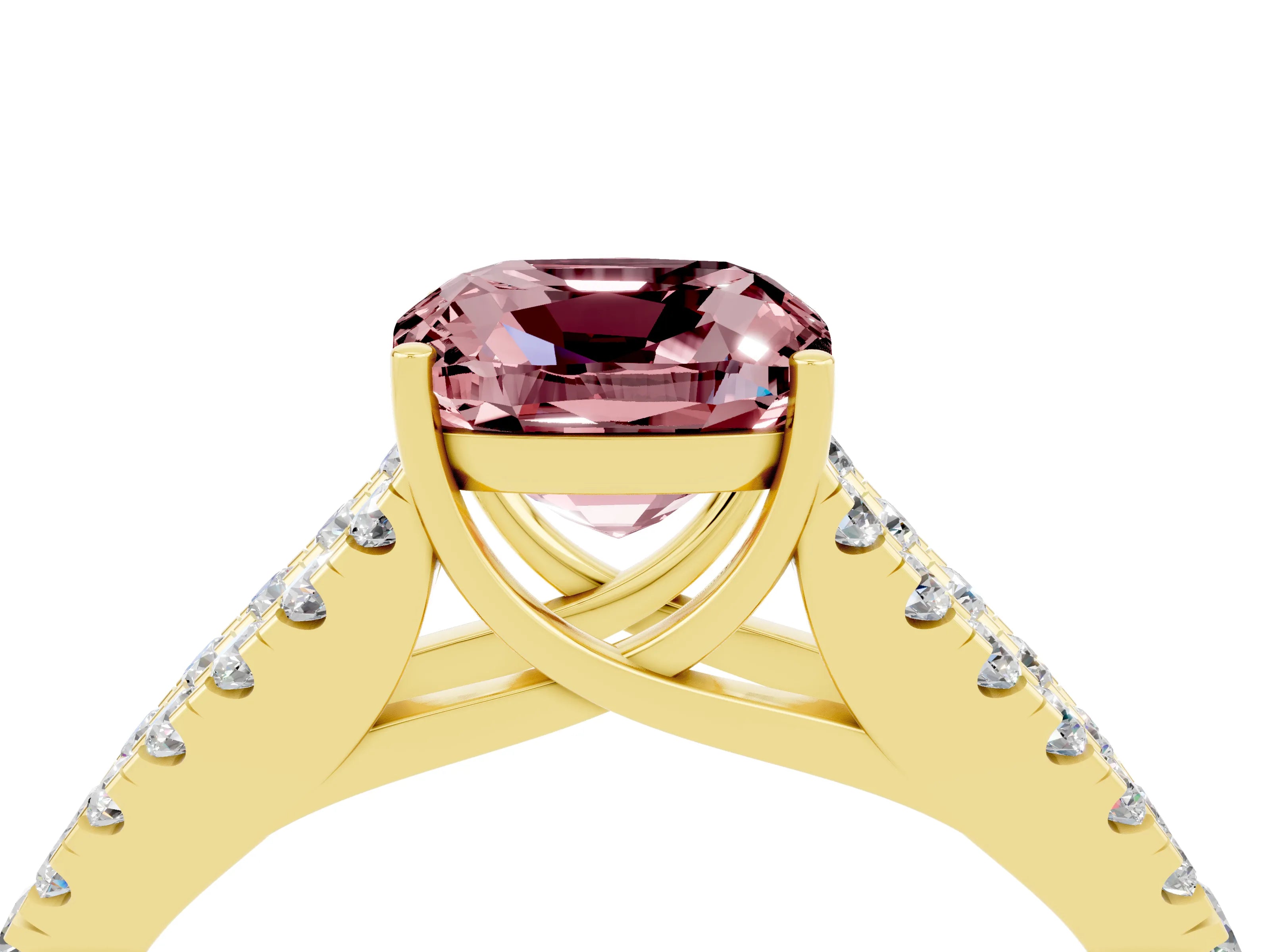 Yellow gold Cushion Cut Morganite Split Shank Pavé Engagement Ring with Four-Prong Setting_16