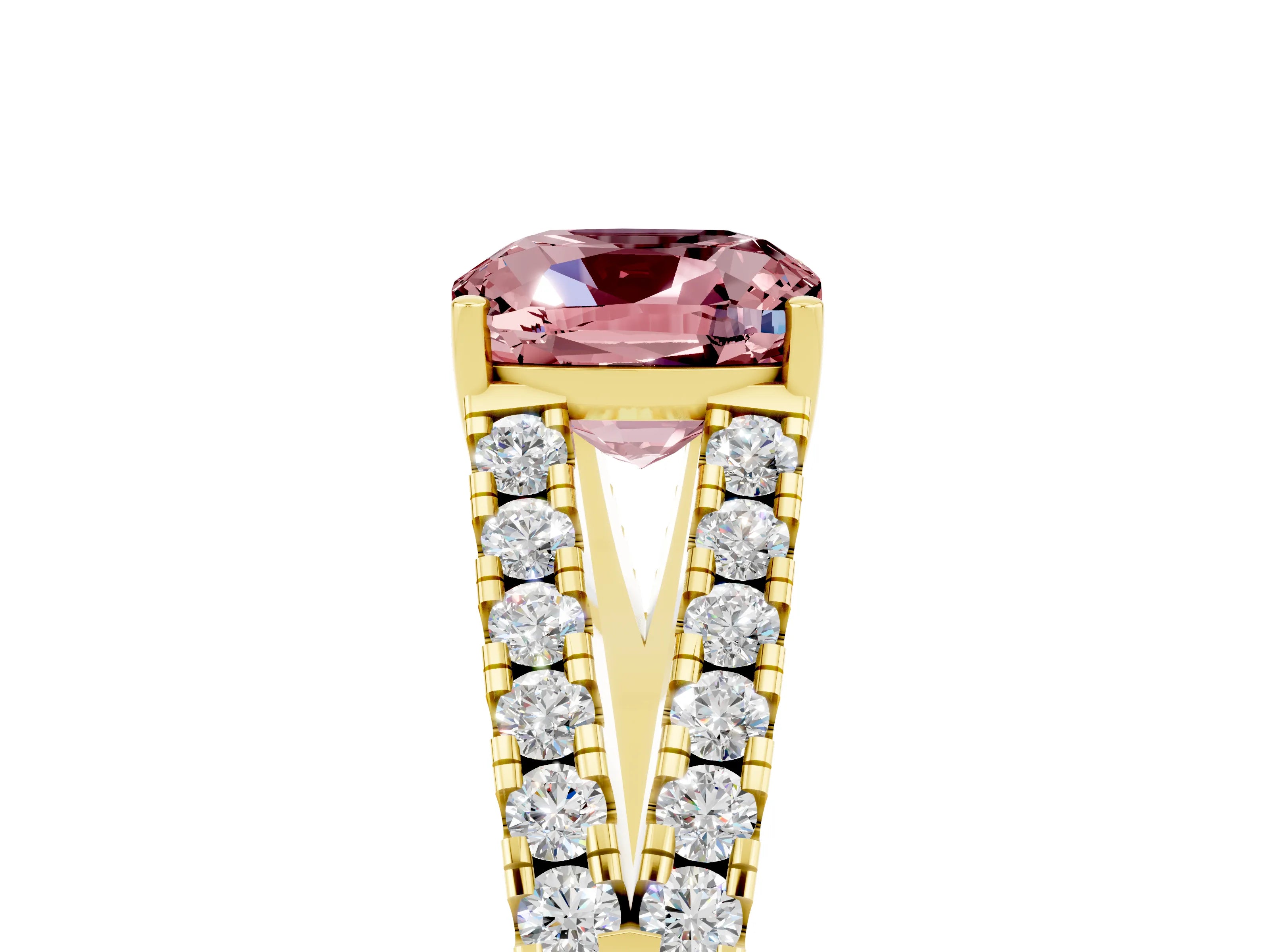 Yellow gold Cushion Cut Morganite Split Shank Pavé Engagement Ring with Four-Prong Setting_17