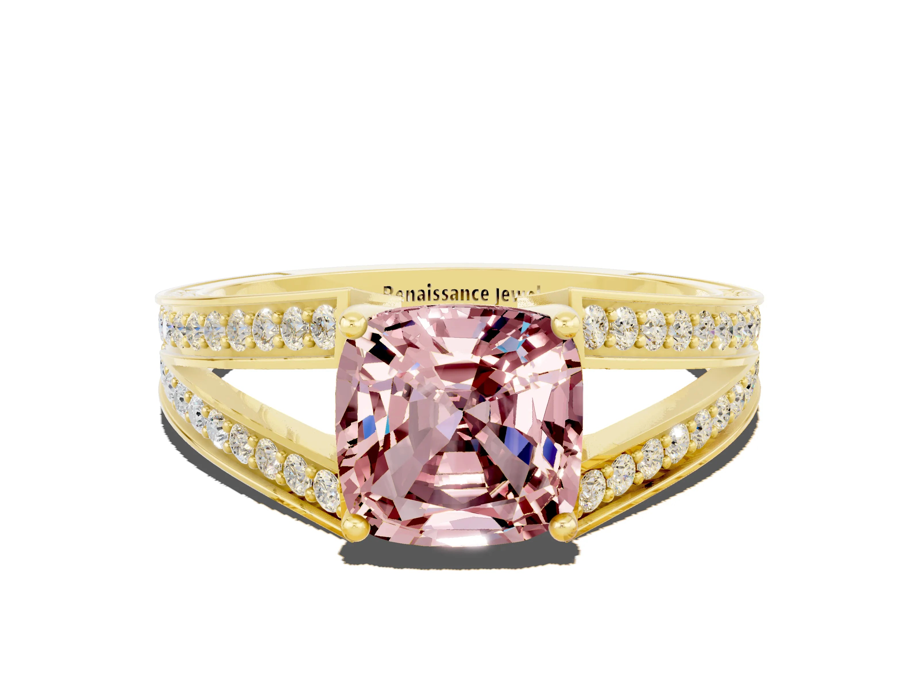 Yellow gold Cushion Cut Morganite Split Shank Ring with Pavé Band and Four-Prong Setting