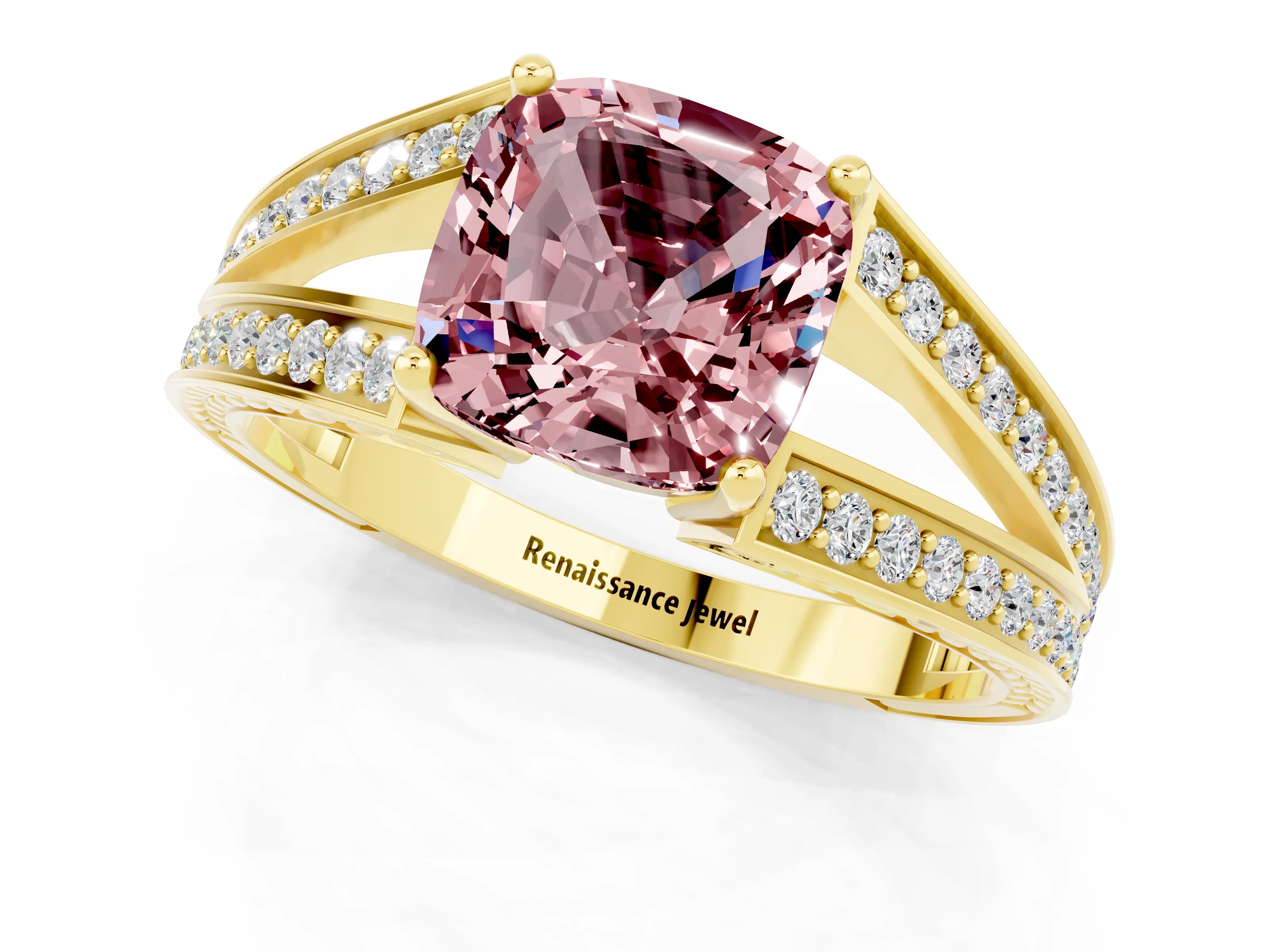 Yellow gold Cushion Cut Morganite Split Shank Ring with Pavé Band and Four-Prong Setting_1