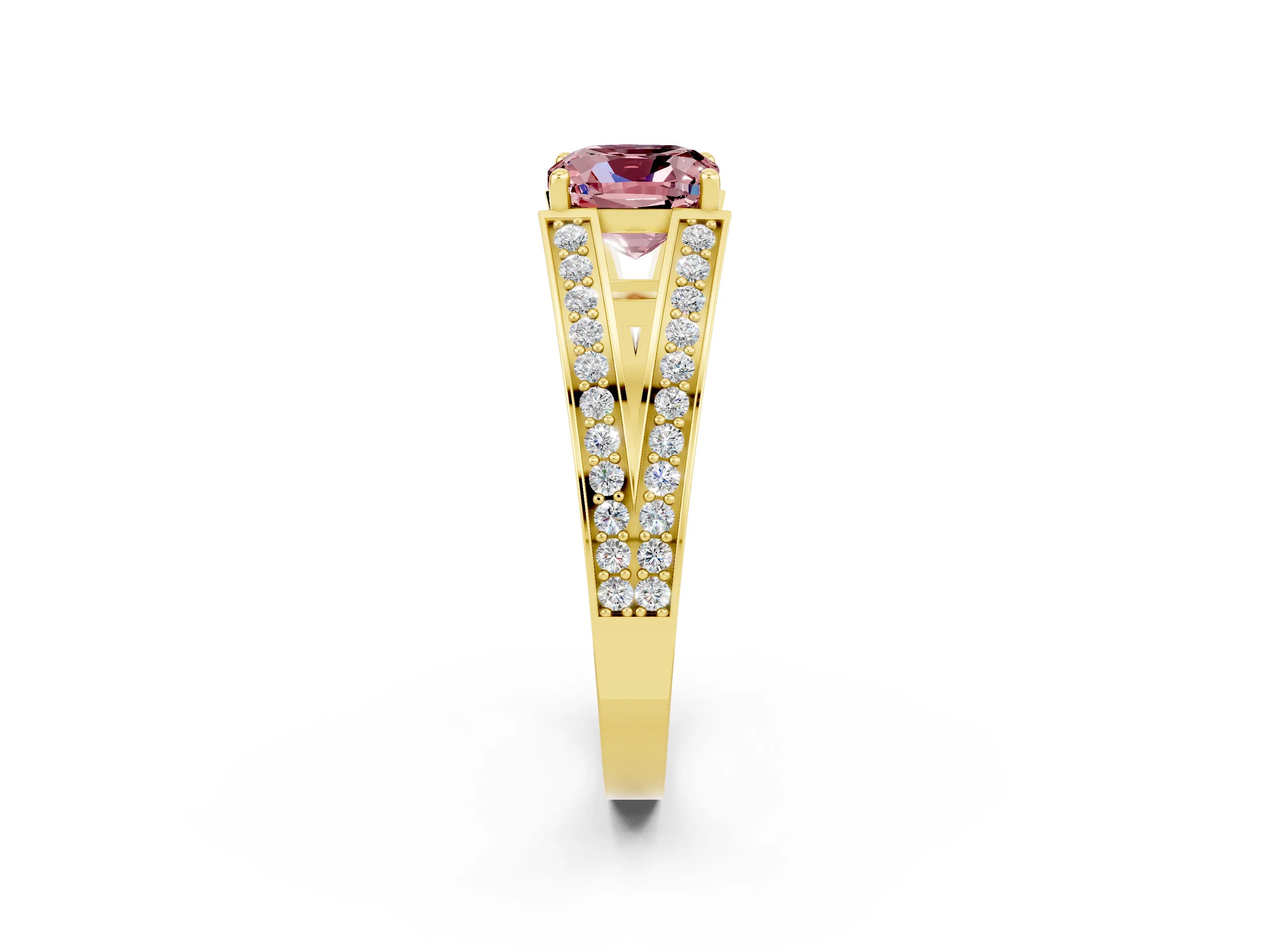 Yellow gold Cushion Cut Morganite Split Shank Ring with Pavé Band and Four-Prong Setting_2
