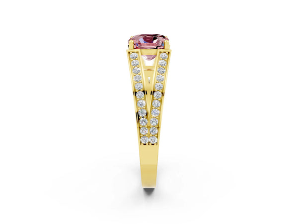 Yellow gold Cushion Cut Morganite Split Shank Ring with Pavé Band and Four-Prong Setting