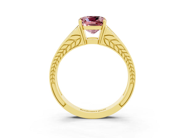 Yellow gold Cushion Cut Morganite Split Shank Ring with Pavé Band and Four-Prong Setting