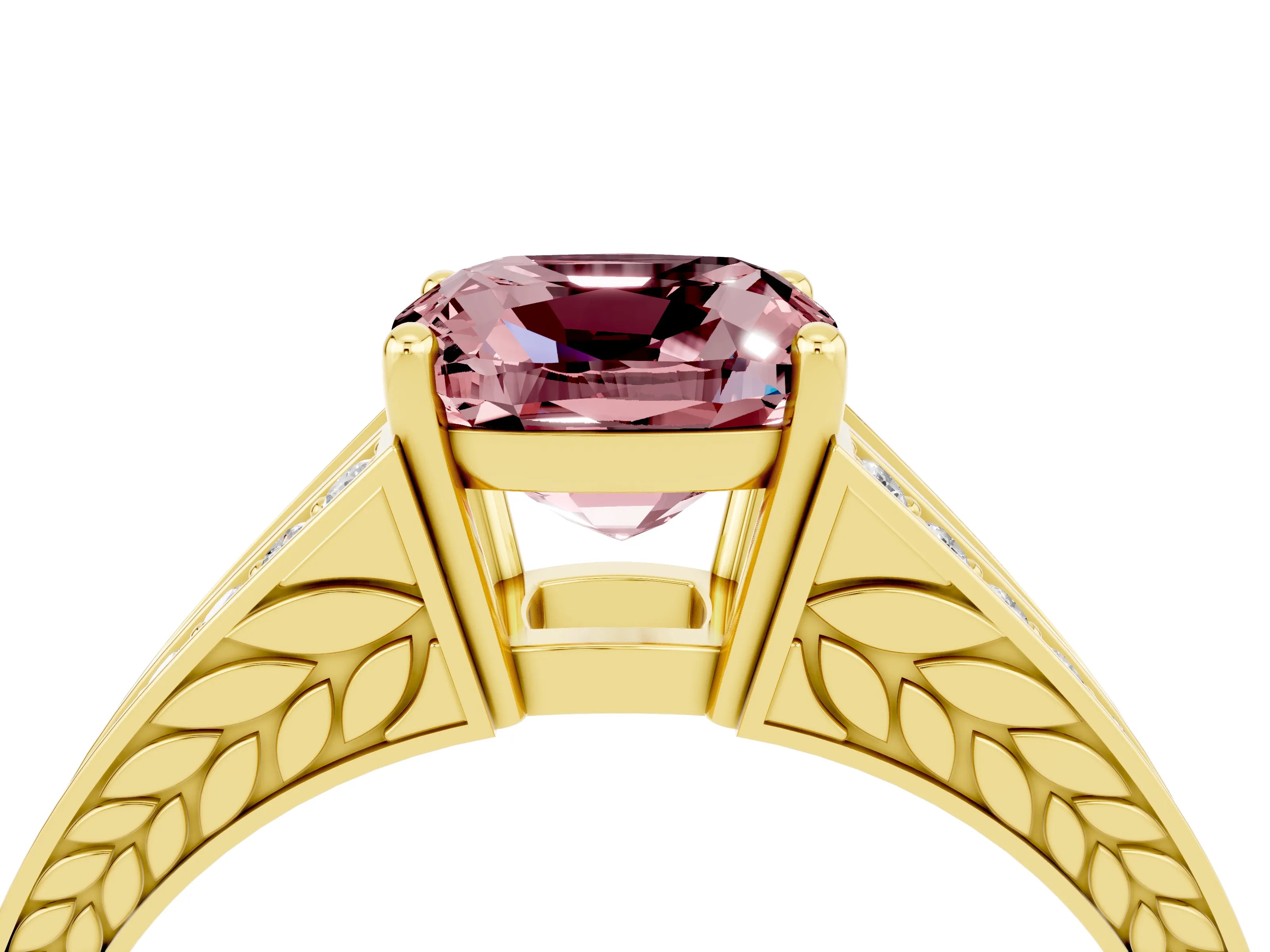 Yellow gold Cushion Cut Morganite Split Shank Ring with Pavé Band and Four-Prong Setting_4