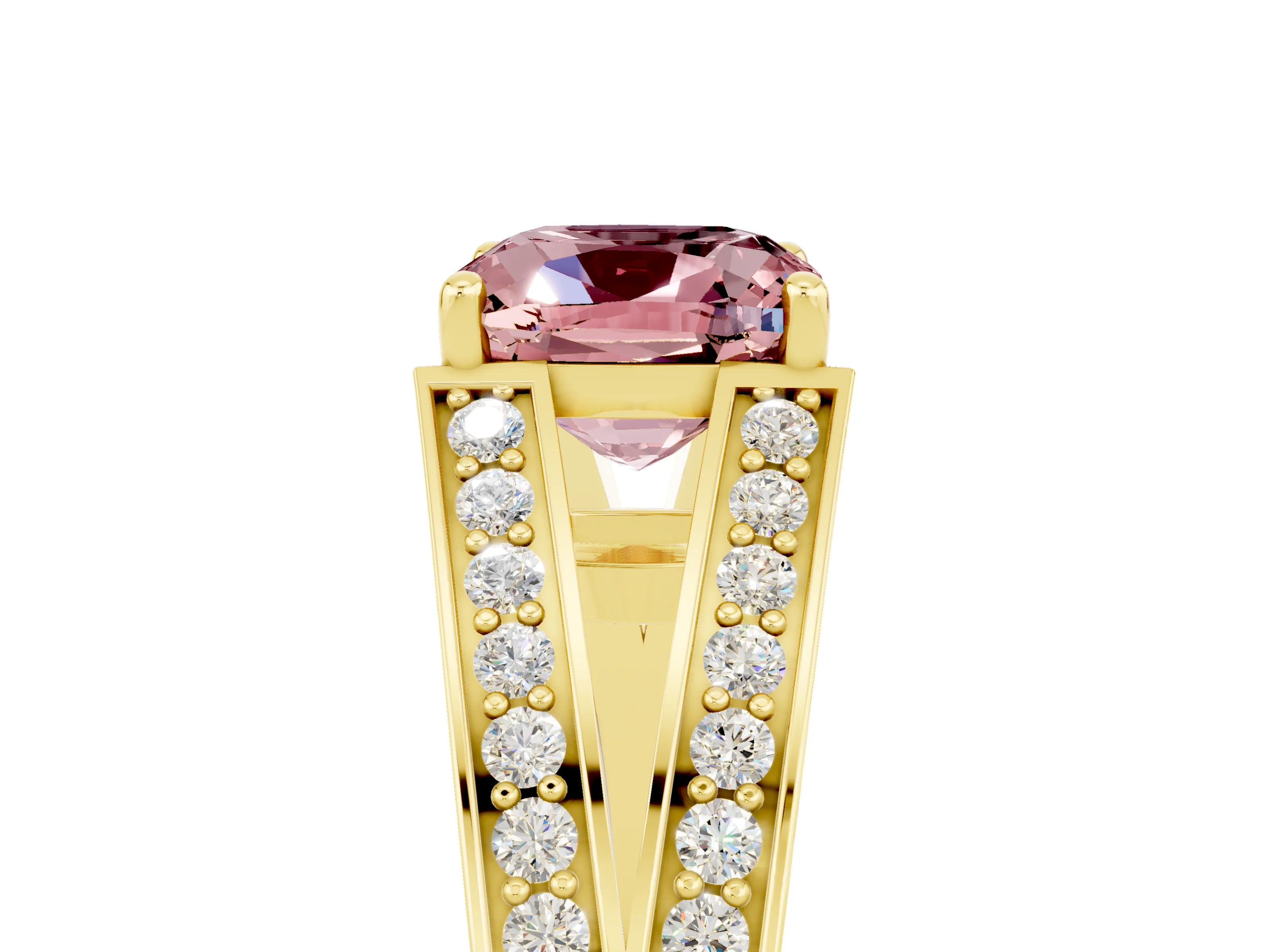 Yellow gold Cushion Cut Morganite Split Shank Ring with Pavé Band and Four-Prong Setting_5