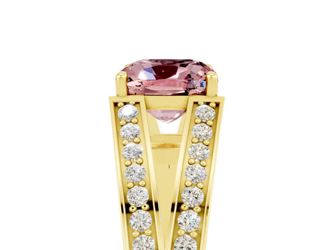 Yellow gold Cushion Cut Morganite Split Shank Ring with Pavé Band and Four-Prong Setting_5
