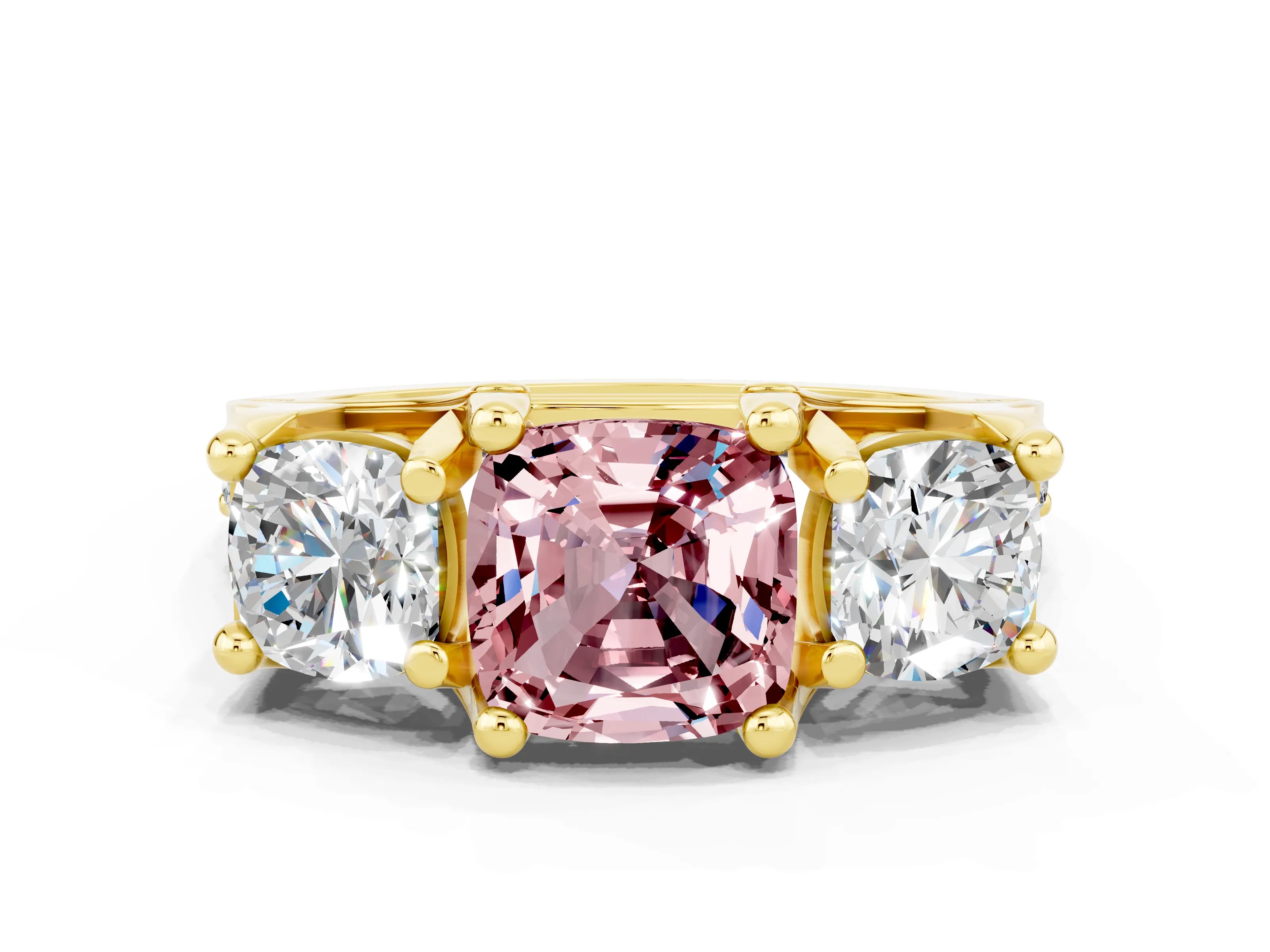 Yellow gold Cushion Cut Morganite Three-Stone Ring with Channel Set Band and Four-Prong Setting