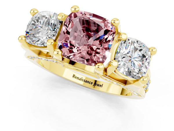 Yellow gold Cushion Cut Morganite Three-Stone Ring with Channel Set Band and Four-Prong Setting