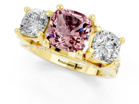 Yellow gold Cushion Cut Morganite Three-Stone Ring with Channel Set Band and Four-Prong Setting_1