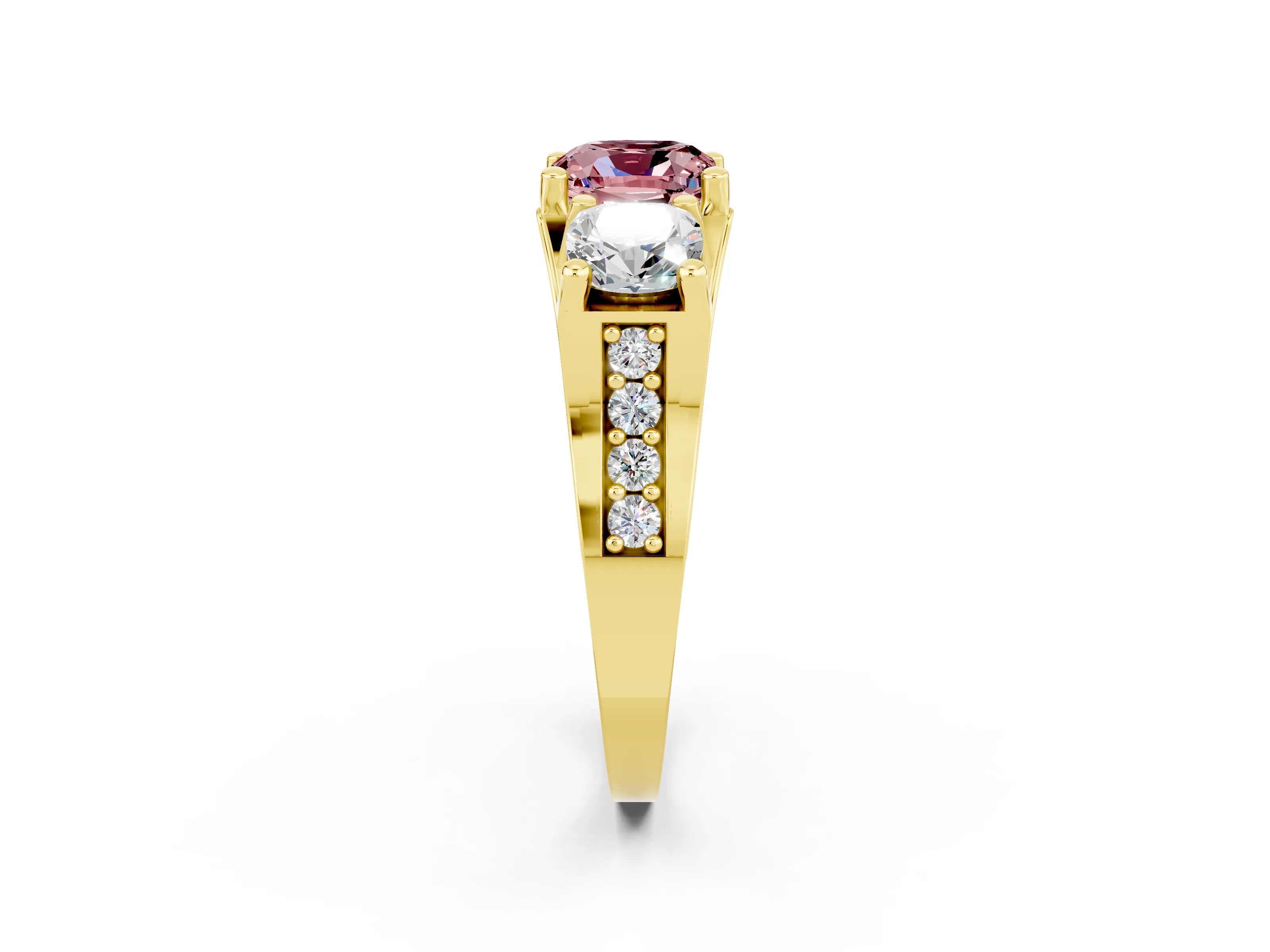 Yellow gold Cushion Cut Morganite Three-Stone Ring with Channel Set Band and Four-Prong Setting_2