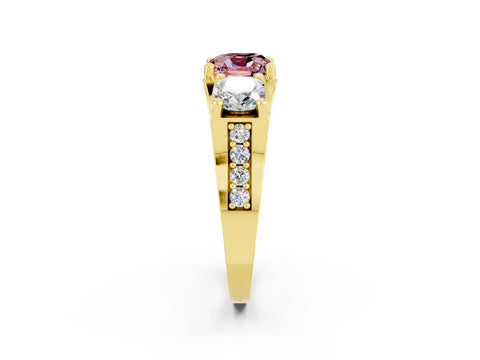 Yellow gold Cushion Cut Morganite Three-Stone Ring with Channel Set Band and Four-Prong Setting_2