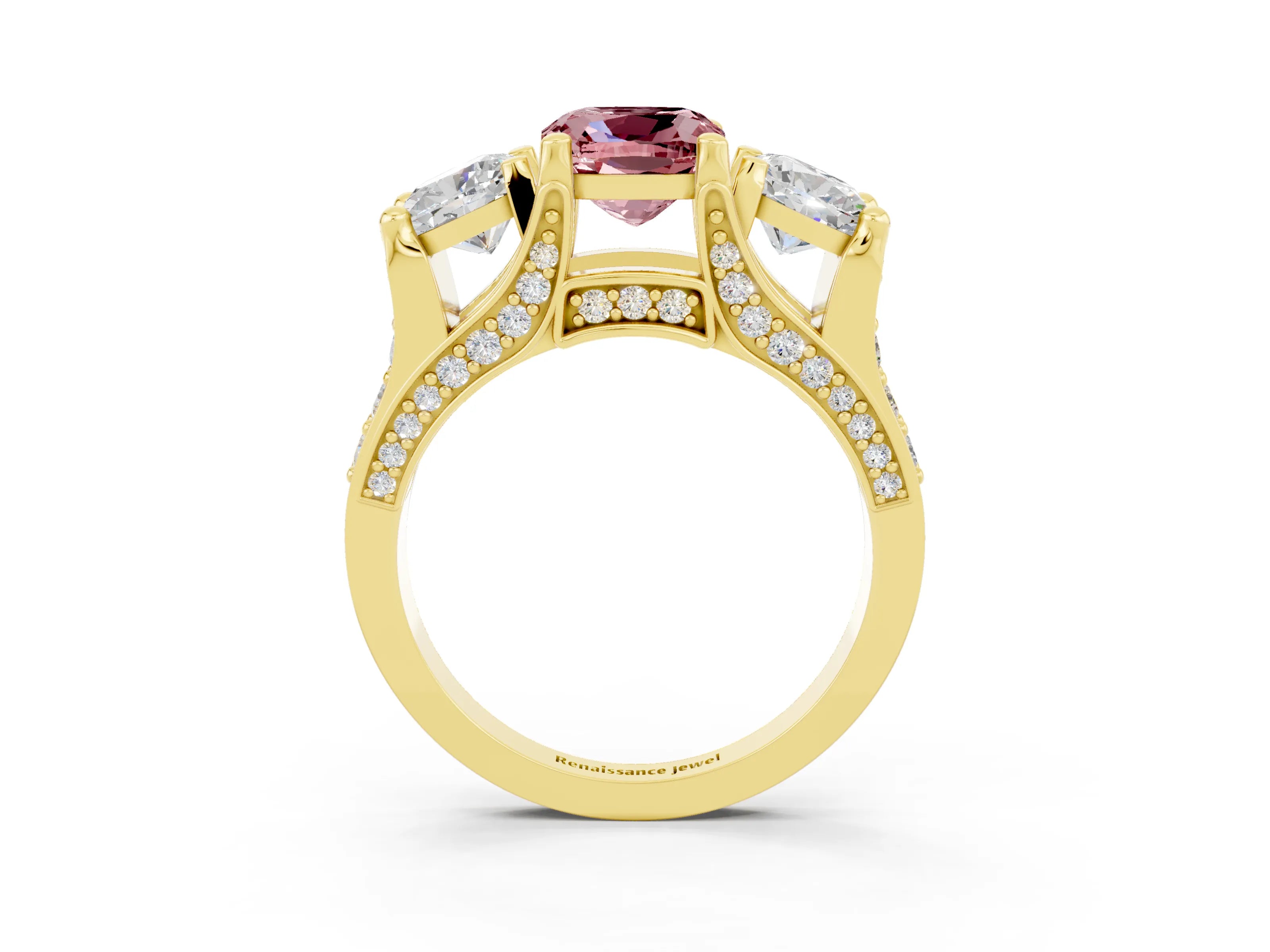 Yellow gold Cushion Cut Morganite Three-Stone Ring with Channel Set Band and Four-Prong Setting_3