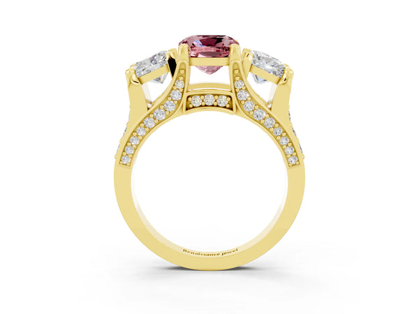 Yellow gold Cushion Cut Morganite Three-Stone Ring with Channel Set Band and Four-Prong Setting